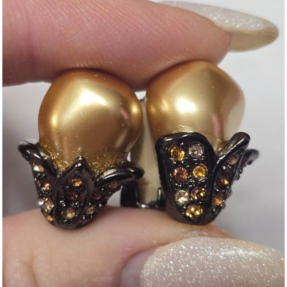Kenneth Jay Lane Pearl Rhinestone Clip Earrings